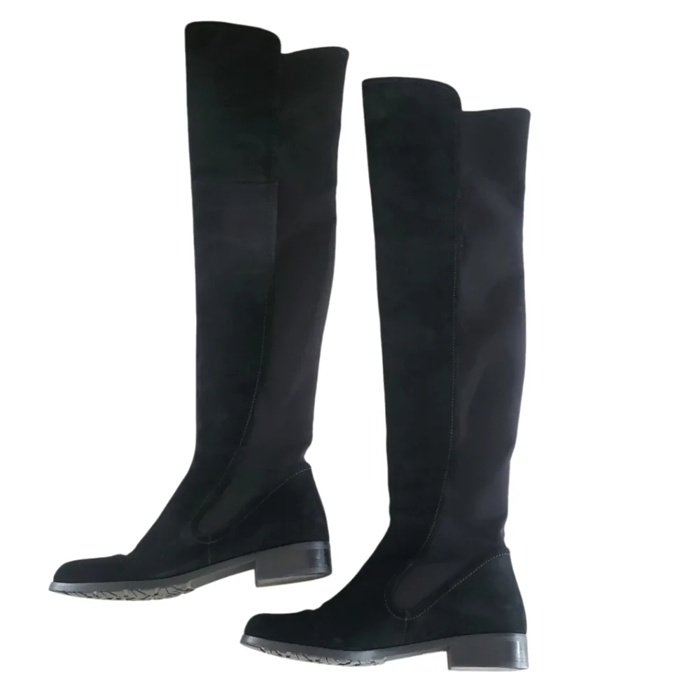 STUART WEITZMAN Langdon Black Suede Skin-Tight Over The‎ Knee Pull-On Boots SZ 8